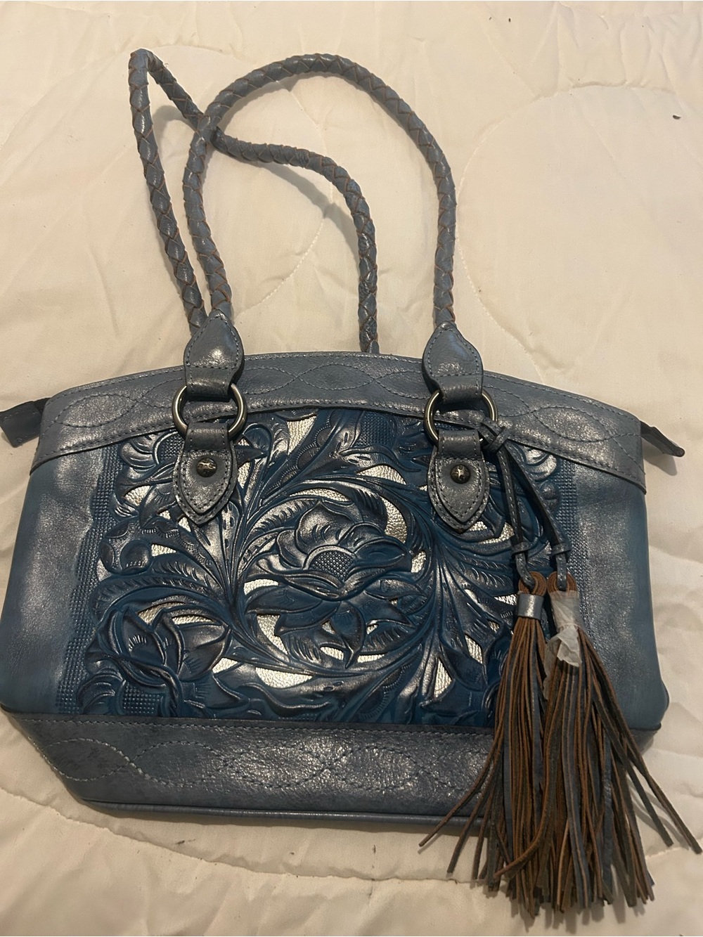 Patricia Nash Blue Floral Tooled Leather Shoulder Tote with Tassel Accent